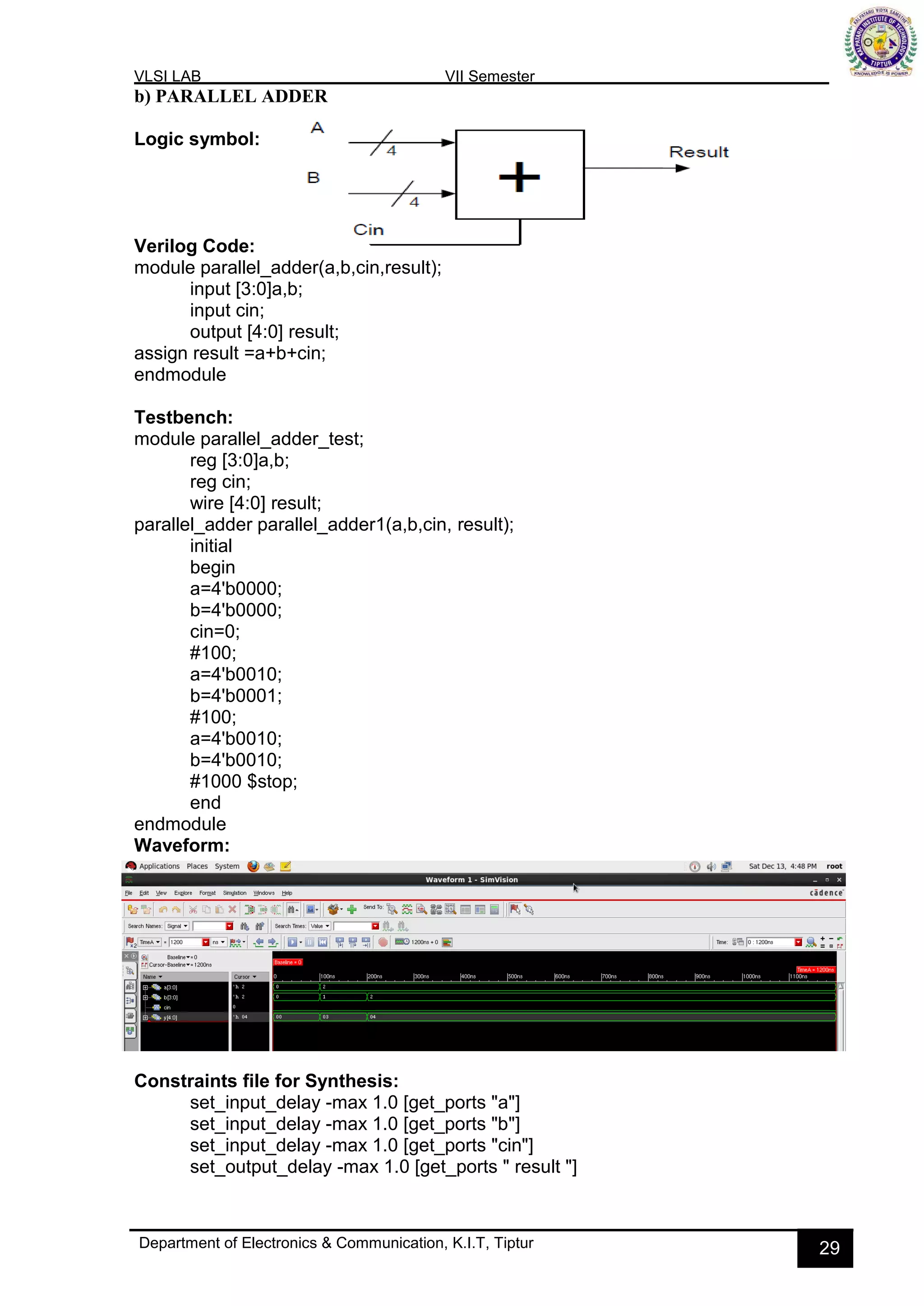 VLSI LAB VII Semester
Department of Electronics & Communication, K.I.T, Tiptur 29
b) PARALLEL ADDER
Logic symbol:
Verilog Code:
module parallel_adder(a,b,cin,result);
input [3:0]a,b;
input cin;
output [4:0] result;
assign result =a+b+cin;
endmodule
Testbench:
module parallel_adder_test;
reg [3:0]a,b;
reg cin;
wire [4:0] result;
parallel_adder parallel_adder1(a,b,cin, result);
initial
begin
a=4'b0000;
b=4'b0000;
cin=0;
#100;
a=4'b0010;
b=4'b0001;
#100;
a=4'b0010;
b=4'b0010;
#1000 $stop;
end
endmodule
Waveform:
Constraints file for Synthesis:
set_input_delay -max 1.0 [get_ports "a"]
set_input_delay -max 1.0 [get_ports "b"]
set_input_delay -max 1.0 [get_ports "cin"]
set_output_delay -max 1.0 [get_ports " result "]
 