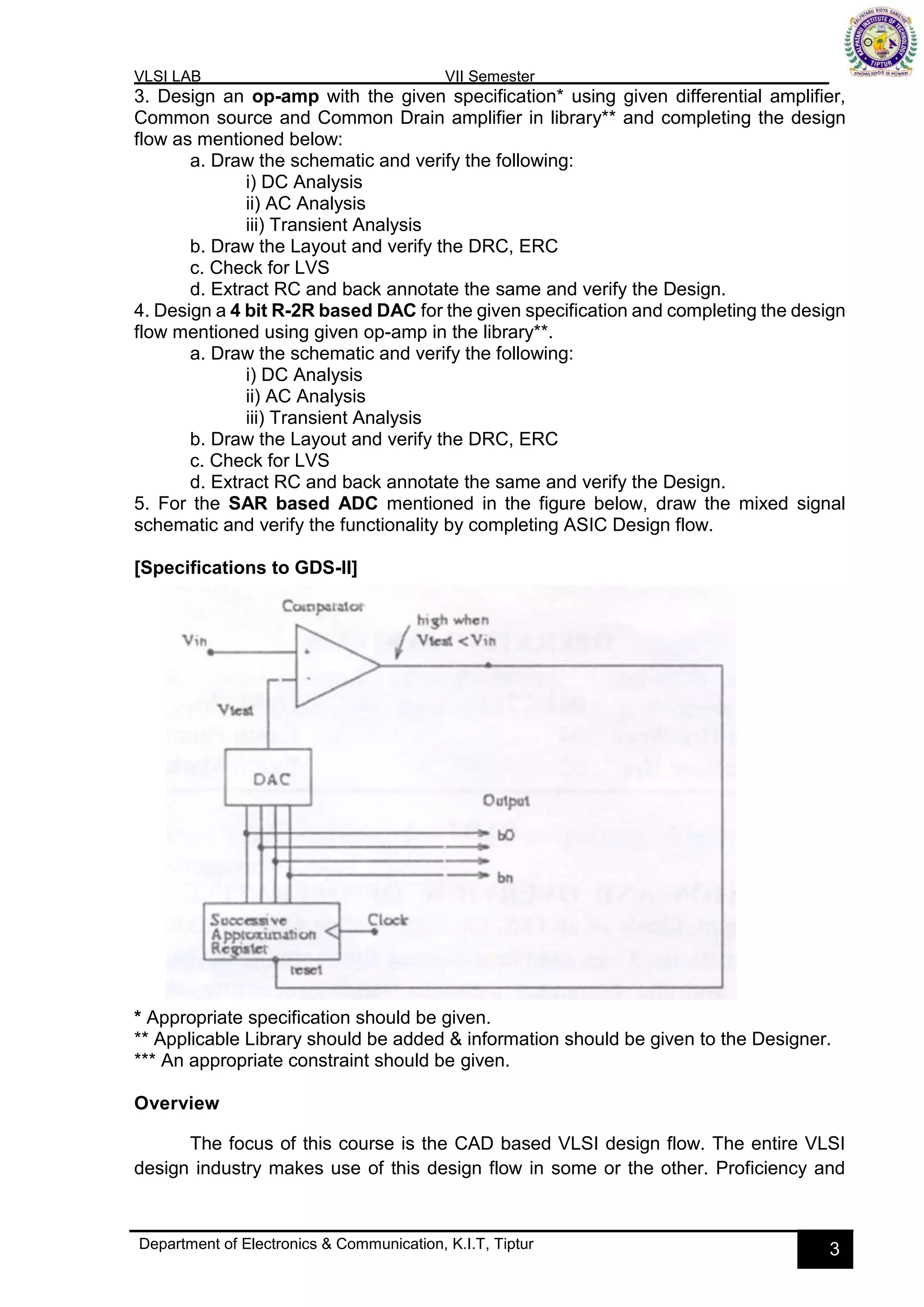 VLSI LAB VII Semester
Department of Electronics & Communication, K.I.T, Tiptur 3
3. Design an op-amp with the given specification* using given differential amplifier,
Common source and Common Drain amplifier in library** and completing the design
flow as mentioned below:
a. Draw the schematic and verify the following:
i) DC Analysis
ii) AC Analysis
iii) Transient Analysis
b. Draw the Layout and verify the DRC, ERC
c. Check for LVS
d. Extract RC and back annotate the same and verify the Design.
4. Design a 4 bit R-2R based DAC for the given specification and completing the design
flow mentioned using given op-amp in the library**.
a. Draw the schematic and verify the following:
i) DC Analysis
ii) AC Analysis
iii) Transient Analysis
b. Draw the Layout and verify the DRC, ERC
c. Check for LVS
d. Extract RC and back annotate the same and verify the Design.
5. For the SAR based ADC mentioned in the figure below, draw the mixed signal
schematic and verify the functionality by completing ASIC Design flow.
[Specifications to GDS-II]
* Appropriate specification should be given.
** Applicable Library should be added & information should be given to the Designer.
*** An appropriate constraint should be given.
Overview
The focus of this course is the CAD based VLSI design flow. The entire VLSI
design industry makes use of this design flow in some or the other. Proficiency and
 