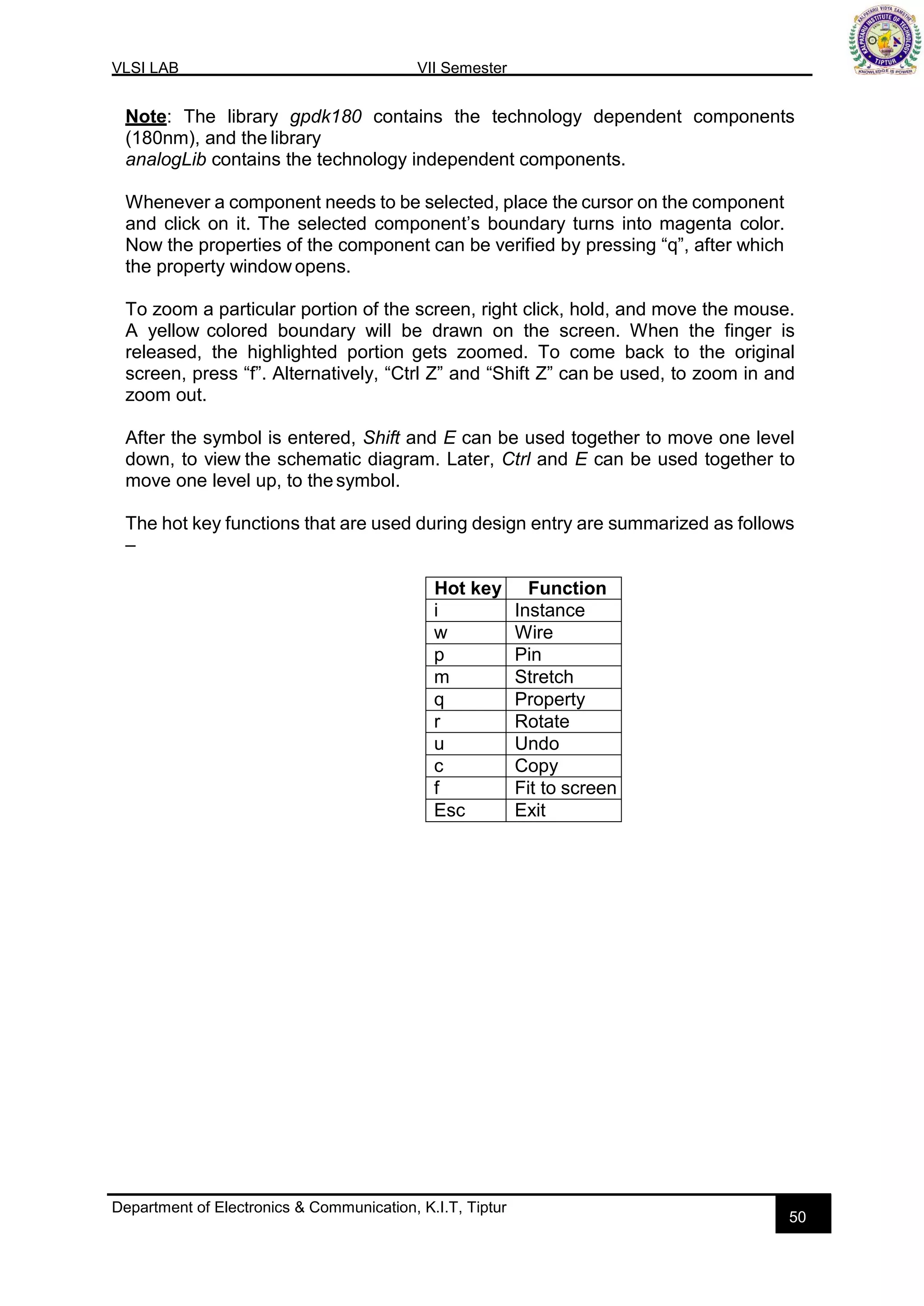 VLSI LAB VII Semester
Department of Electronics & Communication, K.I.T, Tiptur
50
Note: The library gpdk180 contains the technology dependent components
(180nm), and the library
analogLib contains the technology independent components.
Whenever a component needs to be selected, place the cursor on the component
and click on it. The selected component’s boundary turns into magenta color.
Now the properties of the component can be verified by pressing “q”, after which
the property window opens.
To zoom a particular portion of the screen, right click, hold, and move the mouse.
A yellow colored boundary will be drawn on the screen. When the finger is
released, the highlighted portion gets zoomed. To come back to the original
screen, press “f”. Alternatively, “Ctrl Z” and “Shift Z” can be used, to zoom in and
zoom out.
After the symbol is entered, Shift and E can be used together to move one level
down, to view the schematic diagram. Later, Ctrl and E can be used together to
move one level up, to thesymbol.
The hot key functions that are used during design entry are summarized as follows
–
Hot key Function
i Instance
w Wire
p Pin
m Stretch
q Property
r Rotate
u Undo
c Copy
f Fit to screen
Esc Exit
 