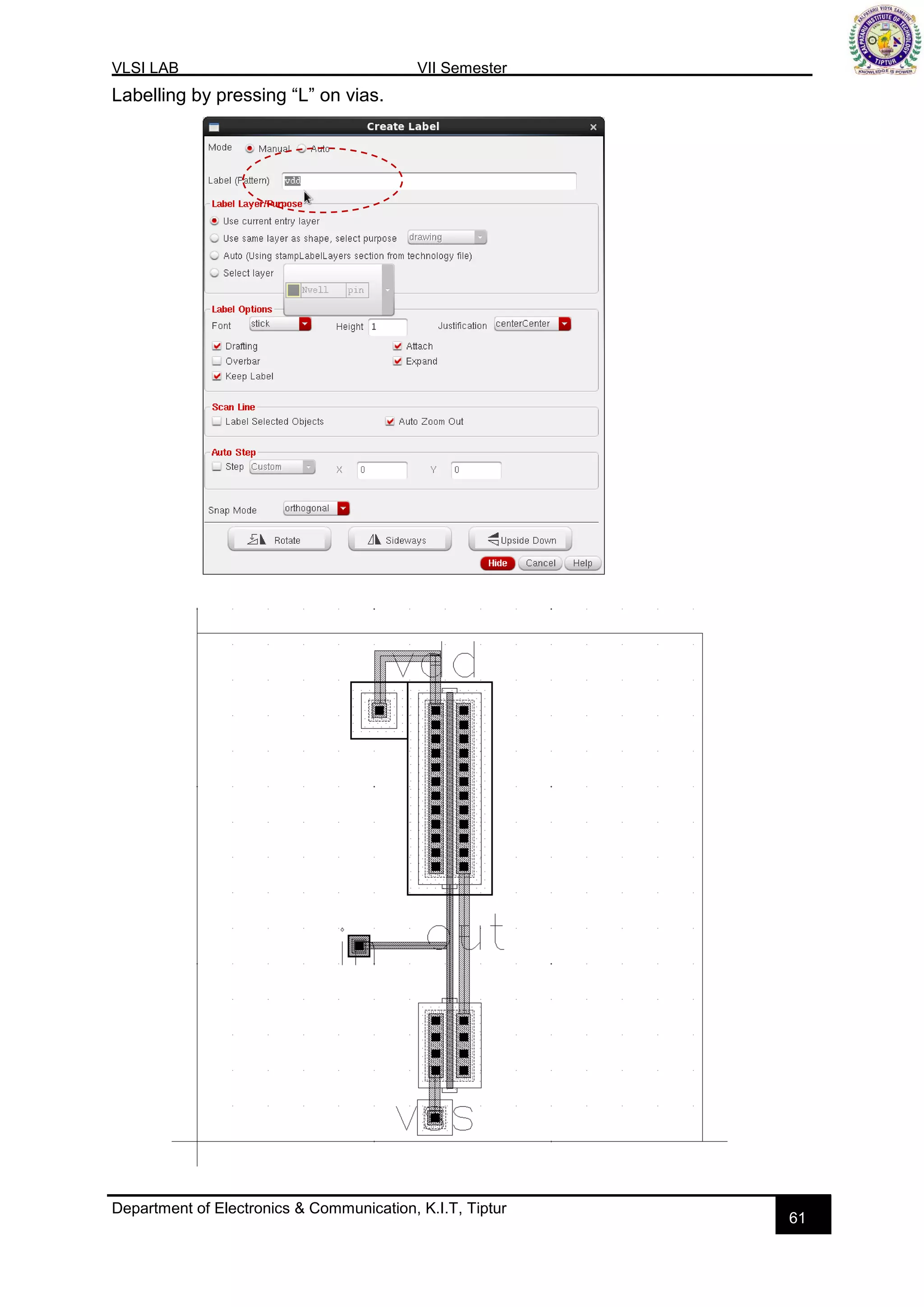 VLSI LAB VII Semester
Department of Electronics & Communication, K.I.T, Tiptur
61
Labelling by pressing “L” on vias.
 