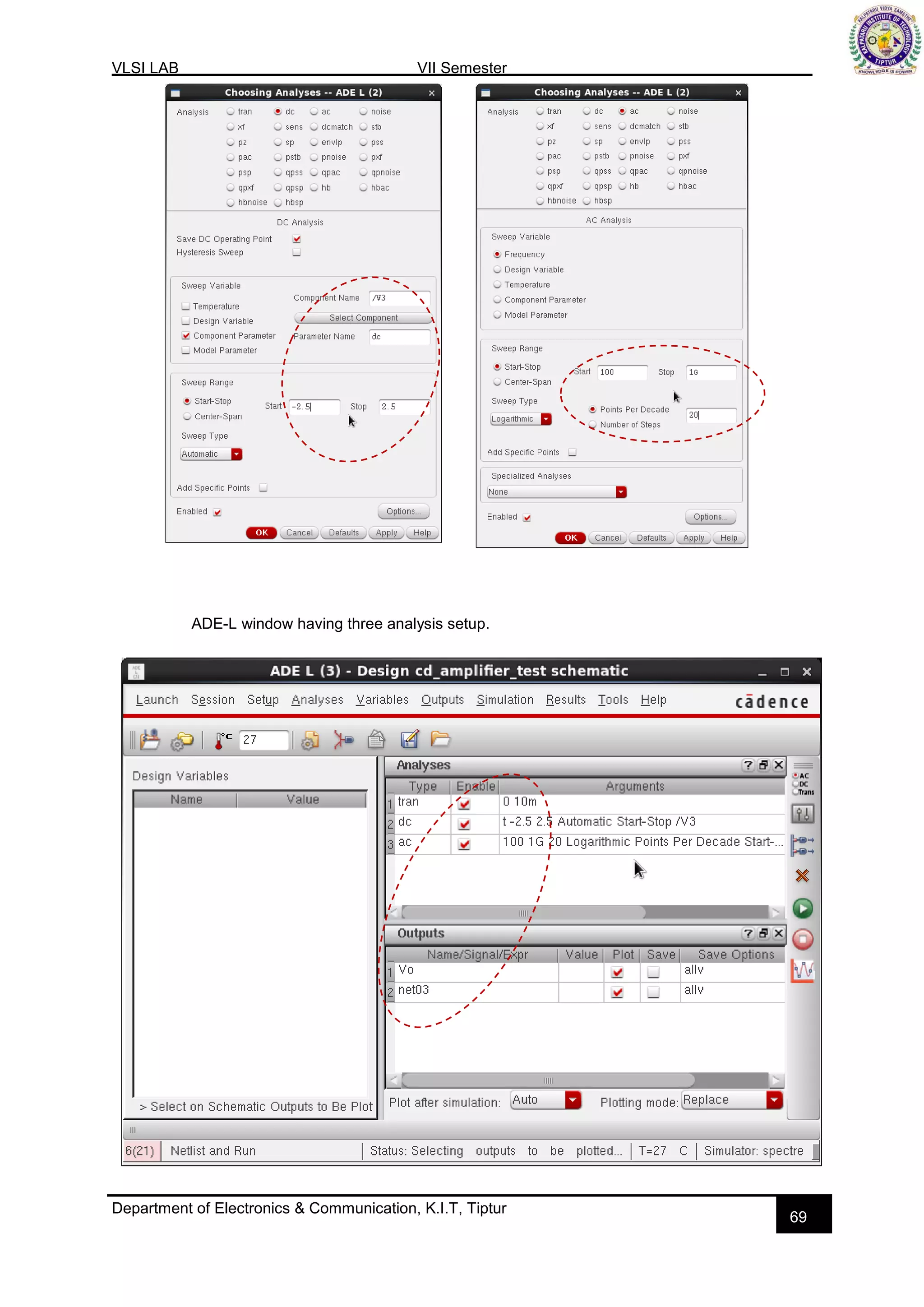 VLSI LAB VII Semester
Department of Electronics & Communication, K.I.T, Tiptur
69
ADE-L window having three analysis setup.
 