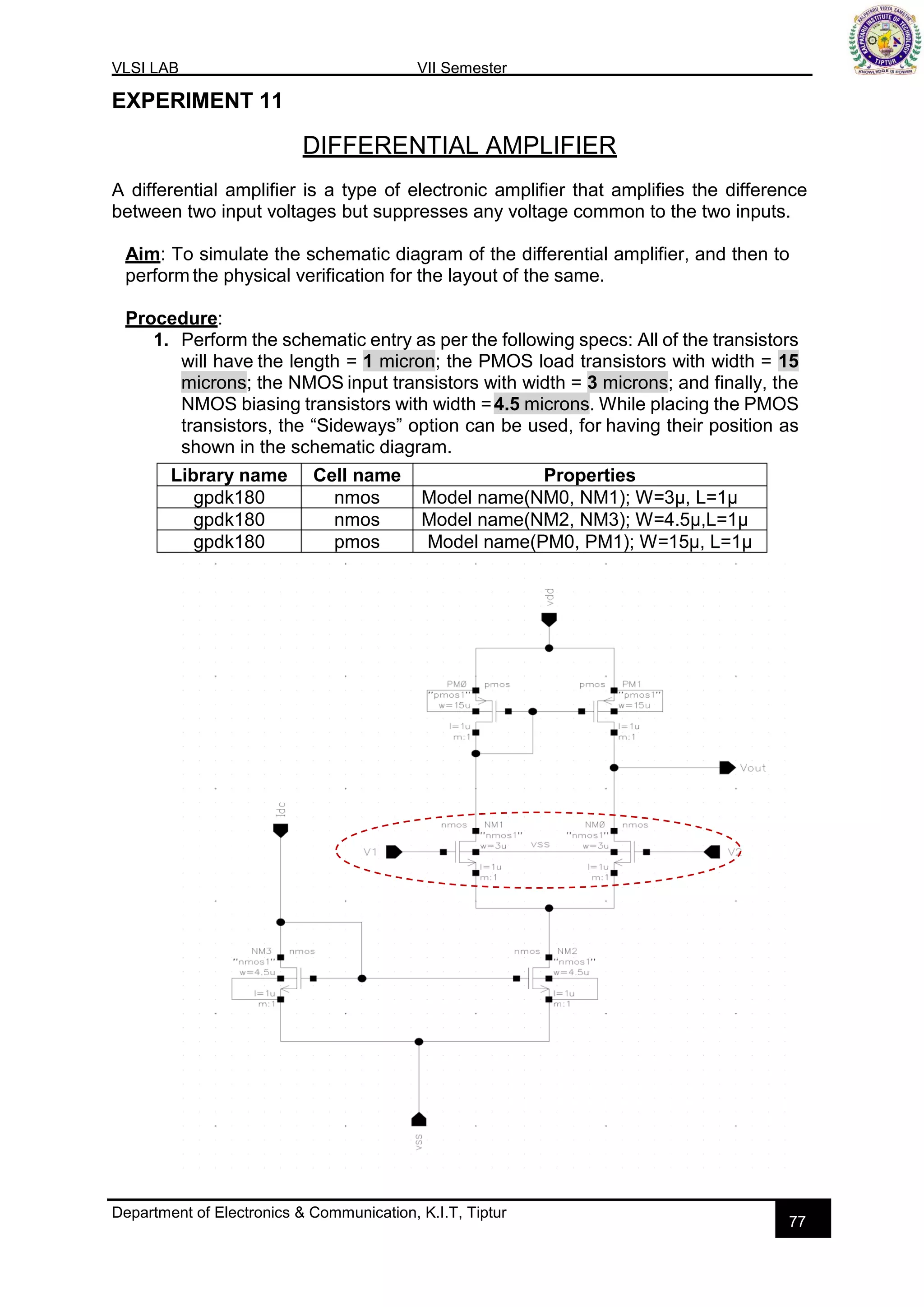 VLSI LAB VII Semester
Department of Electronics & Communication, K.I.T, Tiptur
77
EXPERIMENT 11
DIFFERENTIAL AMPLIFIER
A differential amplifier is a type of electronic amplifier that amplifies the difference
between two input voltages but suppresses any voltage common to the two inputs.
Aim: To simulate the schematic diagram of the differential amplifier, and then to
perform the physical verification for the layout of the same.
Procedure:
1. Perform the schematic entry as per the following specs: All of the transistors
will have the length = 1 micron; the PMOS load transistors with width = 15
microns; the NMOS input transistors with width = 3 microns; and finally, the
NMOS biasing transistors with width =4.5 microns. While placing the PMOS
transistors, the “Sideways” option can be used, for having their position as
shown in the schematic diagram.
Library name Cell name Properties
gpdk180 nmos Model name(NM0, NM1); W=3µ, L=1µ
gpdk180 nmos Model name(NM2, NM3); W=4.5µ,L=1µ
gpdk180 pmos Model name(PM0, PM1); W=15µ, L=1µ
 