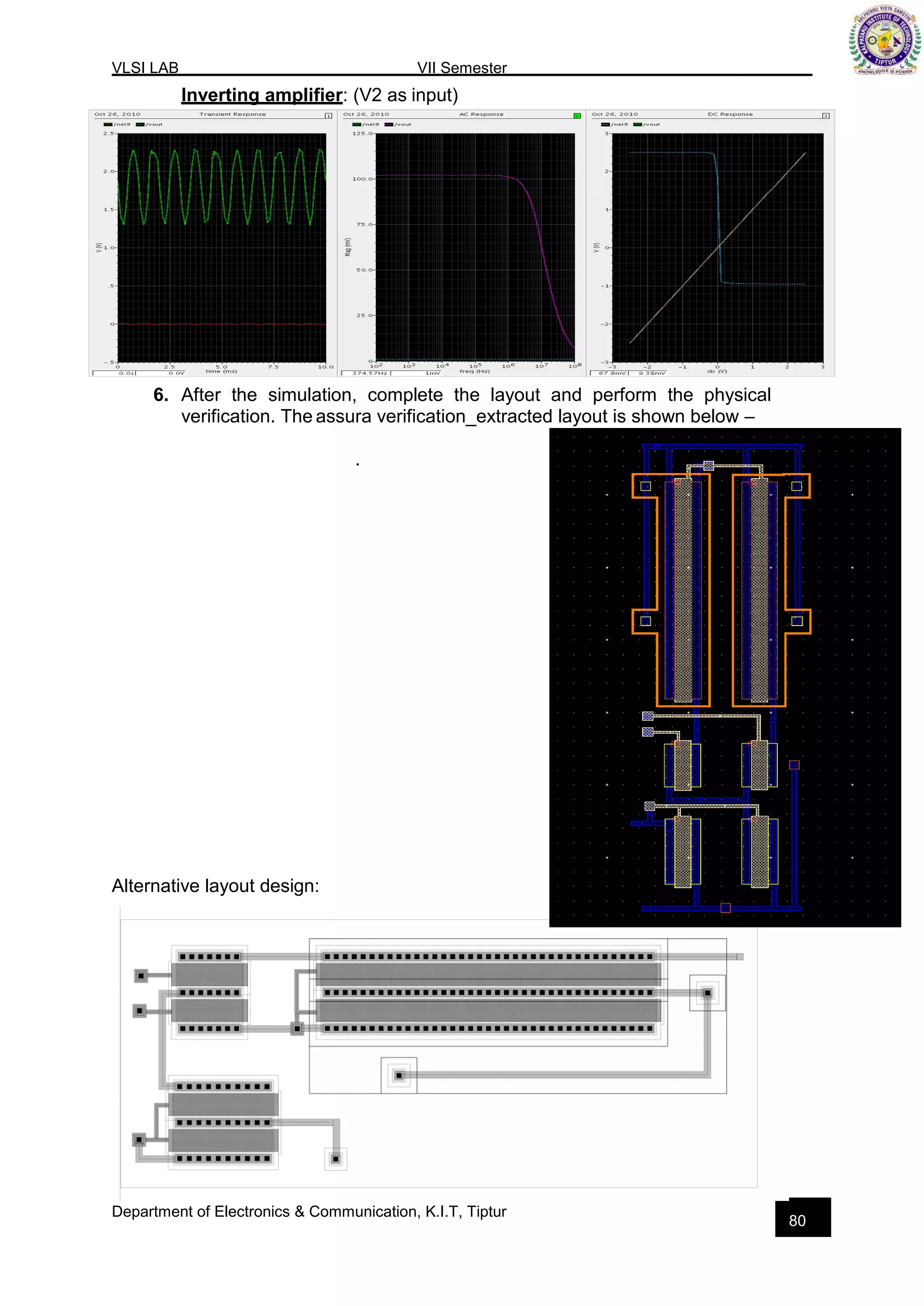 VLSI LAB VII Semester
Department of Electronics & Communication, K.I.T, Tiptur
80
Inverting amplifier: (V2 as input)
6. After the simulation, complete the layout and perform the physical
verification. The assura verification_extracted layout is shown below –
.
Alternative layout design:
 