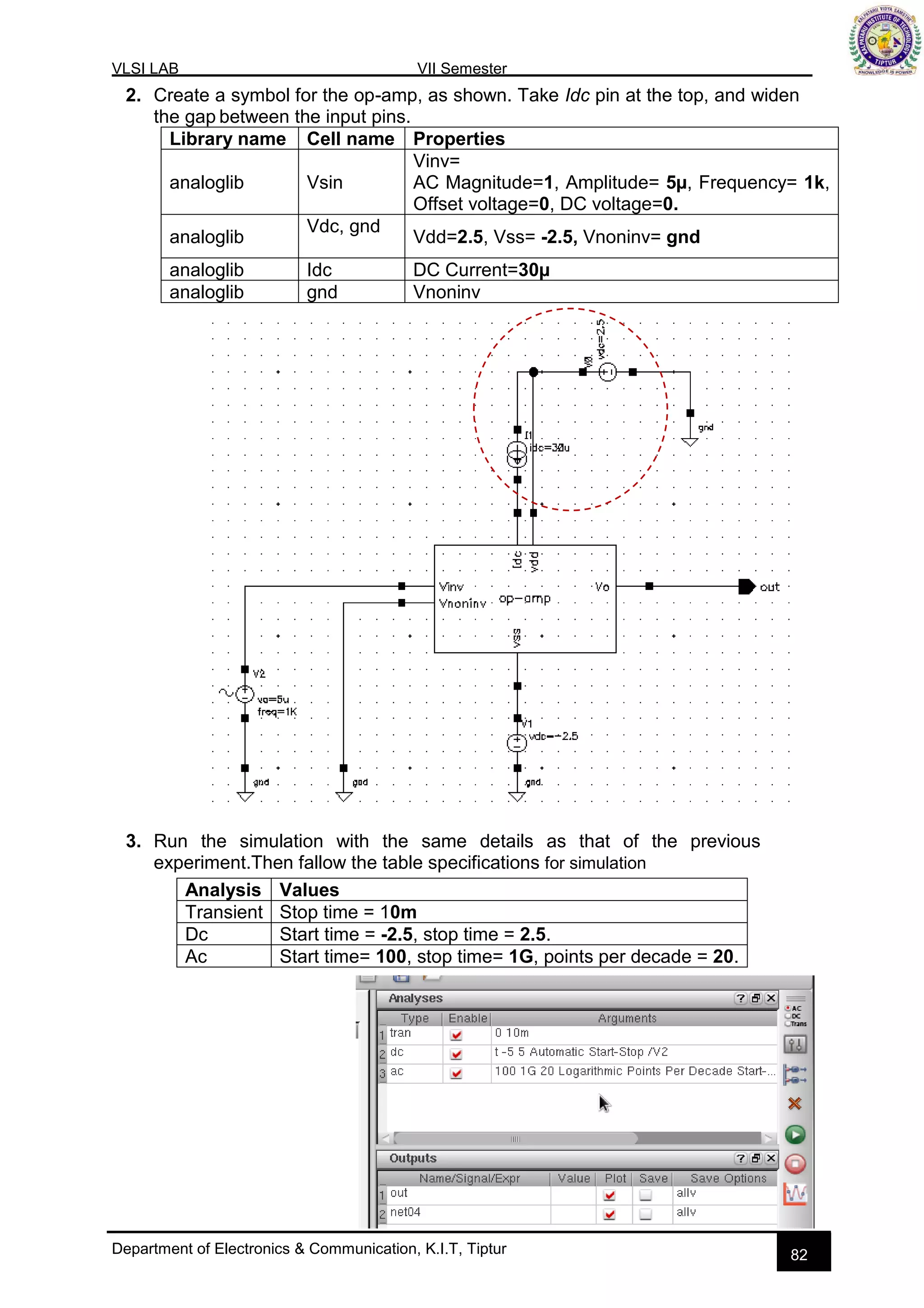 VLSI LAB VII Semester
Department of Electronics & Communication, K.I.T, Tiptur 82
2. Create a symbol for the op-amp, as shown. Take Idc pin at the top, and widen
the gap between the input pins.
Library name Cell name Properties
analoglib Vsin
Vinv=
AC Magnitude=1, Amplitude= 5µ, Frequency= 1k,
Offset voltage=0, DC voltage=0.
analoglib
Vdc, gnd
Vdd=2.5, Vss= -2.5, Vnoninv= gnd
analoglib Idc DC Current=30µ
analoglib gnd Vnoninv
3. Run the simulation with the same details as that of the previous
experiment.Then fallow the table specifications for simulation
Analysis Values
Transient Stop time = 10m
Dc Start time = -2.5, stop time = 2.5.
Ac Start time= 100, stop time= 1G, points per decade = 20.
 