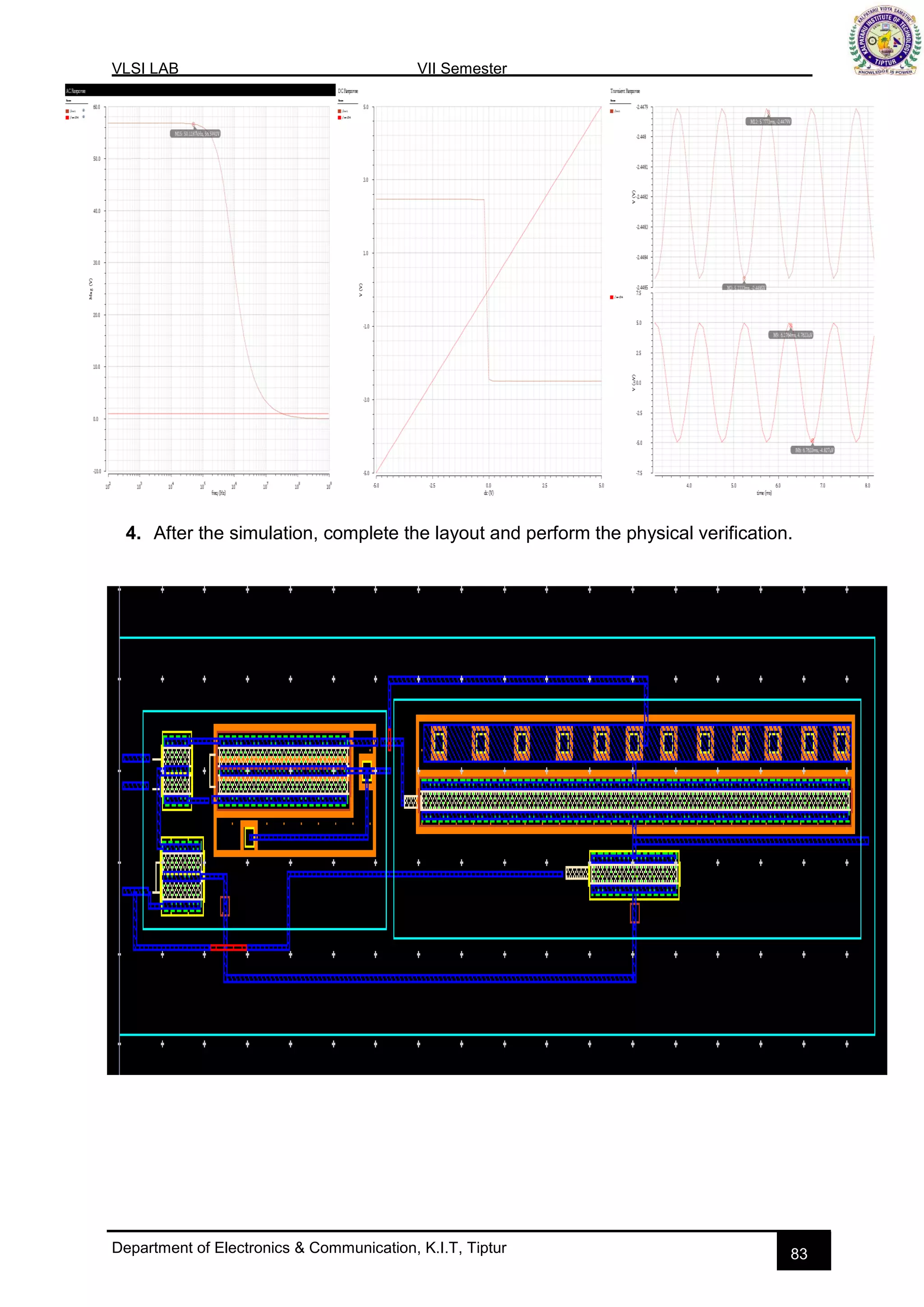VLSI LAB VII Semester
Department of Electronics & Communication, K.I.T, Tiptur 83
4. After the simulation, complete the layout and perform the physical verification.
 