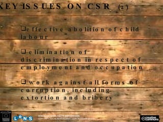 KEY ISSUES ON CSR  (2) DESIGN FOR SOCIAL EQUITY AND COHESION CORPORATE SOCIAL RESPONSIBILITY (CSR) IN SYSTEM DESIGN effective abolition of child labour elimination of discrimination in respect of employment and occupation work against all forms of corruption, including extortion and bribery 