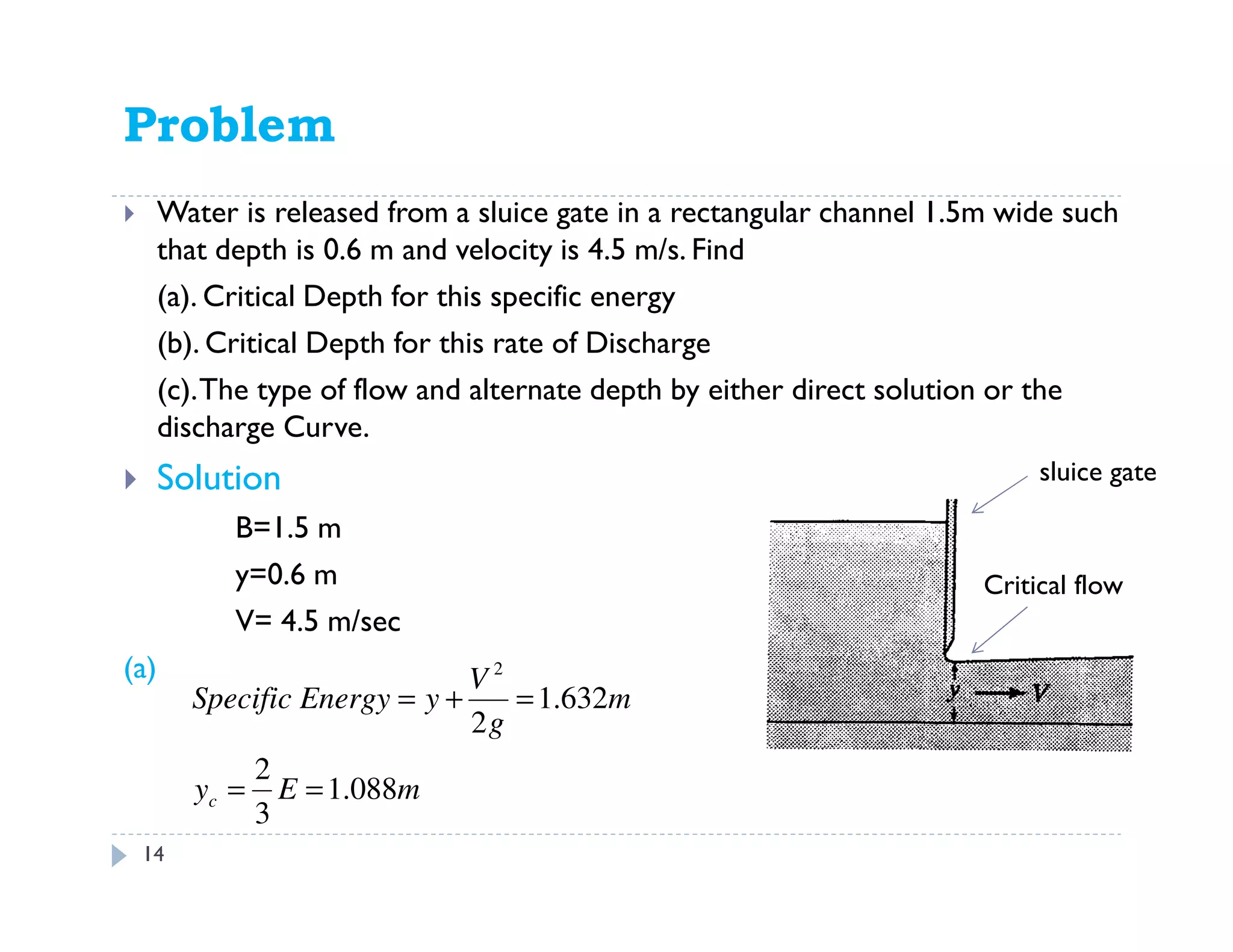 Problem 11.38
Water is released from a sluice gate in a rectangular channel 1.5m wide such
that depth is 0.6 m and velocity is 4.5 m/s. Find
(a). Critical Depth for this specific energy
(b). Critical Depth for this rate of Discharge
(c).The type of flow and alternate depth by either direct solution or the
discharge Curve.
Solution
B=1.5 m
y=0.6 m
V= 4.5 m/sec
(a)
mEy
m
g
V
yEnergySpecific
c 088.1
3
2
632.1
2
2
==
=+=
sluice gate
14
Critical flow
 