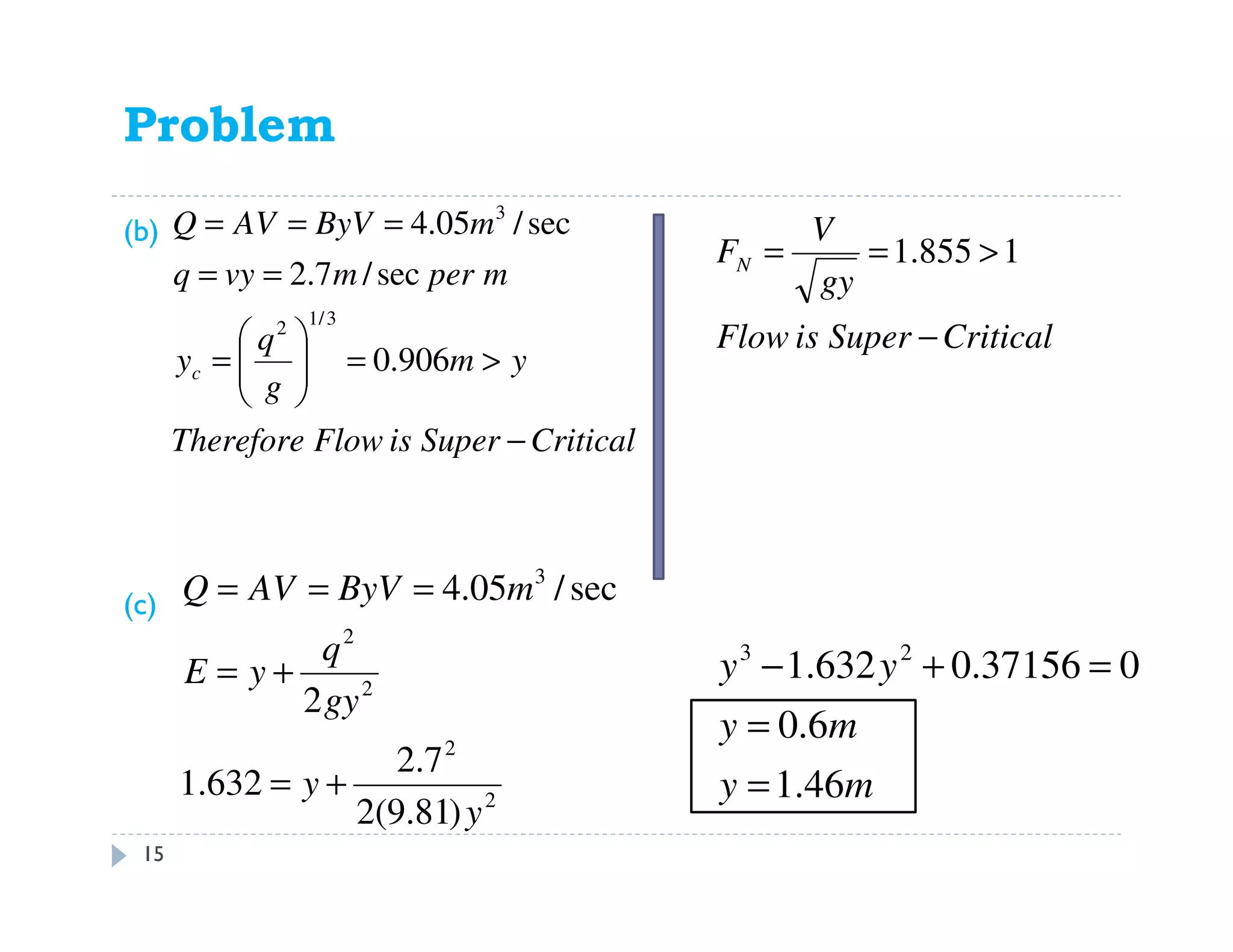 Problem 11.38
(b)
(c)
CriticalSuperisFlowTherefore
ym
g
q
y
mpermvyq
mByVAVQ
c
−
>=





=
==
===
906.0
sec/7.2
sec/05.4
3/12
3
CriticalSuperisFlow
gy
V
FN
−
>== 1855.1
2
2
2
2
3
)81.9(2
7.2
632.1
2
sec/05.4
y
y
gy
q
yE
mByVAVQ
+=
+=
===
my
my
yy
46.1
6.0
037156.0632.1 23
=
=
=+−
15
 