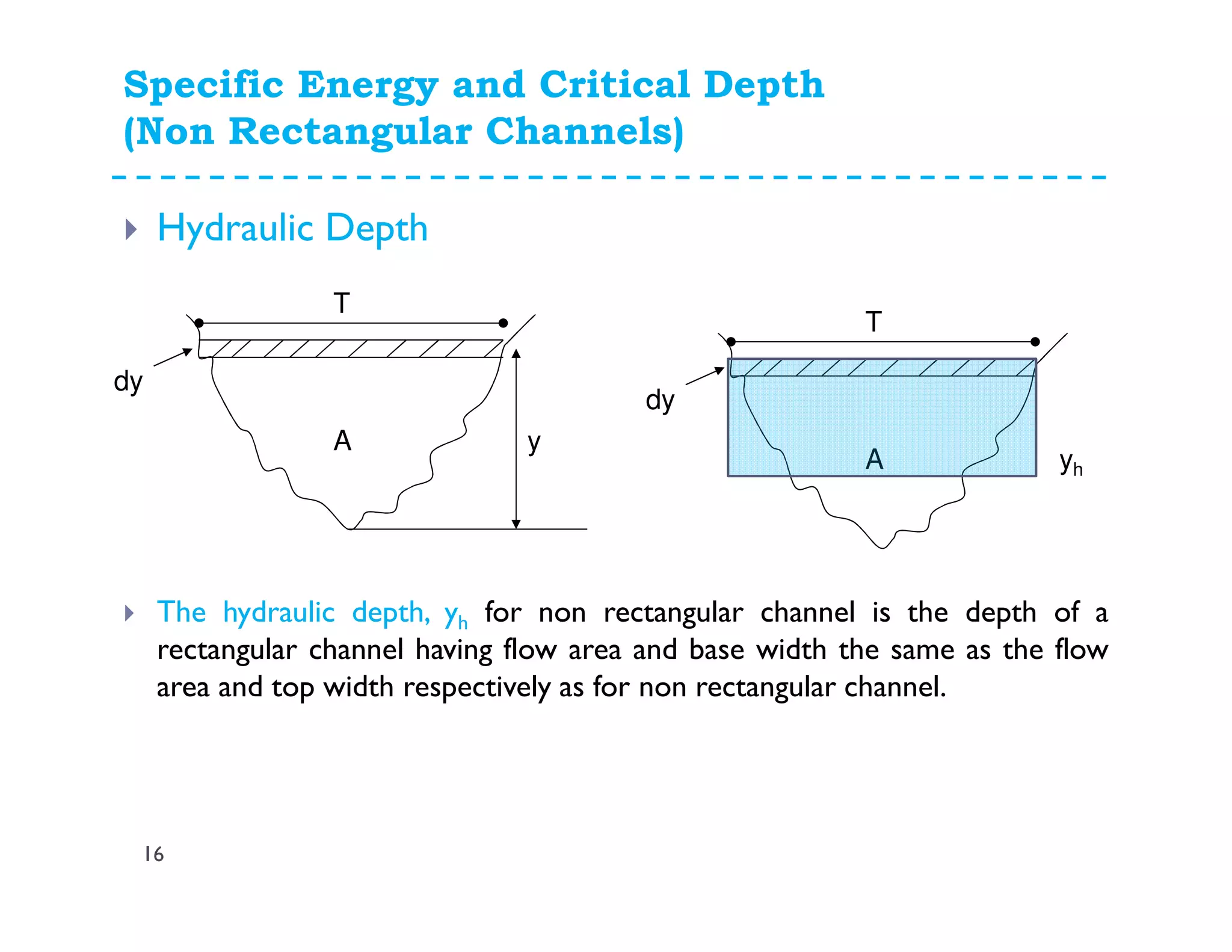 Specific Energy and Critical Depth
(Non Rectangular Channels)
Hydraulic Depth
The hydraulic depth, yh for non rectangular channel is the depth of a
rectangular channel having flow area and base width the same as the flow
area and top width respectively as for non rectangular channel.
dy
T
A y
dy
T
A yh
16
 