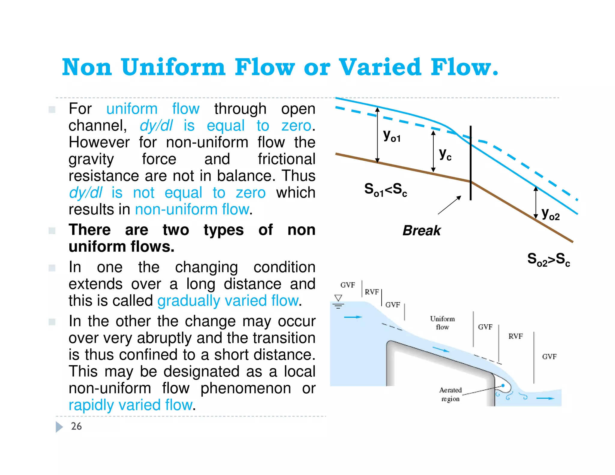 Non Uniform Flow or Varied Flow.
For uniform flow through open
channel, dy/dl is equal to zero.
However for non-uniform flow the
gravity force and frictional
resistance are not in balance. Thus
dy/dl is not equal to zero which
results in non-uniform flow.
There are two types of non
uniform flows.
In one the changing condition
extends over a long distance and
this is called gradually varied flow.
In the other the change may occur
over very abruptly and the transition
is thus confined to a short distance.
This may be designated as a local
non-uniform flow phenomenon or
rapidly varied flow.
So1<Sc
So2>Sc
yo1
yo2
yc
Break
26
 