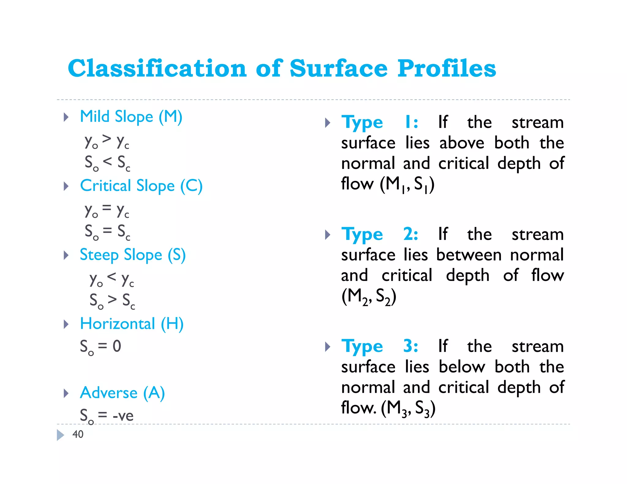 Classification of Surface Profiles
Mild Slope (M)
yo > yc
So < Sc
Critical Slope (C)
yo = yc
So = Sc
Steep Slope (S)
yo < yc
So > Sc
Horizontal (H)
So = 0
Adverse (A)
So = -ve
Type 1: If the stream
surface lies above both the
normal and critical depth of
flow (M1, S1)
Type 2: If the stream
surface lies between normal
and critical depth of flow
(M2, S2)
Type 3: If the stream
surface lies below both the
normal and critical depth of
flow. (M3, S3)
40
 