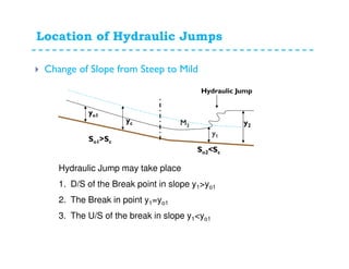 Location of Hydraulic Jumps
Change of Slope from Steep to Mild
Hydraulic Jump may take place
1. D/S of the Break point in slope y1>yo1
2. The Break in point y1=yo1
3. The U/S of the break in slope y1<yo1
So1>Sc
So2<Sc
yo1
y2
yc
Hydraulic Jump
M3
y1
 