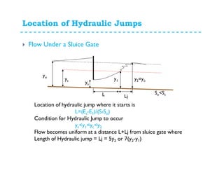 Location of Hydraulic Jumps
Flow Under a Sluice Gate
So<Sc
yo
yc
ys
y1 y2=yo
L Lj
Location of hydraulic jump where it starts is
L=(Es-E1)/(S-So)
Condition for Hydraulic Jump to occur
ys<y1<yc<y2
Flow becomes uniform at a distance L+Lj from sluice gate where
Length of Hydraulic jump = Lj = 5y2 or 7(y2-y1)
 