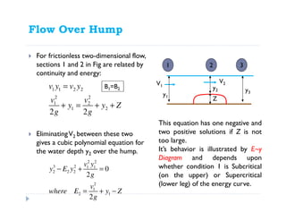Flow Over Hump
For frictionless two-dimensional flow,
sections 1 and 2 in Fig are related by
continuity and energy:
EliminatingV2 between these two
gives a cubic polynomial equation for
the water depth y2 over the hump.
1 1 2 2
2 2
1 2
1 2
2 2
v y v y
v v
y y Z
g g
=
+ = + +
2 2
3 2 1 1
2 2 2
2
1
2 1
0
2
2
v y
y E y
g
v
where E y Z
g
− + =
= + −
y2
y1
y3
Z
V1
V2
1 2 3
This equation has one negative and
two positive solutions if Z is not
too large.
It’s behavior is illustrated by E~y
Diagram and depends upon
whether condition 1 is Subcritical
(on the upper) or Supercritical
(lower leg) of the energy curve.
B1=B2
 