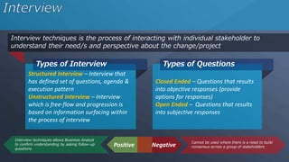 Structured Interview – Interview that
has defined set of questions, agenda &
execution pattern
Unstructured Interview – Interview
which is free-flow and progression is
based on information surfacing within
the process of interview
Types of Interview
Closed Ended – Questions that results
into objective responses (provide
options for responses)
Open Ended – Questions that results
into subjective responses
Types of Questions
Interview techniques is the process of interacting with individual stakeholder to
understand their need/s and perspective about the change/project
Positive Negative Cannot be used where there is a need to build
consensus across a group of stakeholders
Interview techniques allows Business Analyst
to confirm understanding by asking follow-up
questions
 