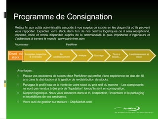 Avantages : Placez vos excédents de stocks chez PartMiner qui profite d’une expérience de plus de 10 ans dans la distribution et la gestion de re-distribution de stocks. Partagez le profit issu de la vente de votre stock au prix réel du marche – Les composants ne sont pas vendus à des prix de ‘liquidation’ lorsqu’ils sont en consignation. Support logistique. Nous vous assistons dans le tri, l’inspection, l’inventaire et le packaging et expéditions de vos excédents. Votre outil de gestion sur mesure : ChipMarket.com  Mettez fin aux coûts administratifs associés à vos surplus de stocks en les plaçant là où ils peuvent vous rapporter. Expédiez votre stock dans l’un de nos centres logistiques où il sera réceptionné, inspecté, codé et rendu disponible auprès de la communauté la plus importante d’ingénieurs et d’acheteurs à travers le monde  www.partminer.com Fournisseur   PartMiner Programme de Consignation 