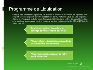 Lorsque des contraintes logistiques, le manque d’espace et le besoin de liquidités vous obligent à devoir disposer de votre excédent de stock, PartMiner vous fait une proposition d’achat et  s’engage à racheter votre stock vous offrant ainsi une rentrée de capital immédiate et le regain de votre espace perdu – Le rachat se situe typiquement entre 10% et 20% de la valeur marché. Programme de Liquidation 