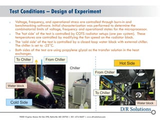 © 2004 - 2007 
2010 
9000 Virginia Manor Rd Ste 290, Beltsville MD 20705 | 301-474-0607 | www.dfrsolutions.com 
Test Conditions – Design of Experiment 
oVoltage, frequency, and operational stress are controlled through burn-in and benchmarking software. Initial characterization was performed to determine the combinatorial limits of voltage, frequency and operational states for the microprocessor. 
oThe ‘hot side’ of the test is controlled by COTS radiator setups (one per system). These temperatures are controlled by modifying the fan speed on the radiator block. 
oThe ‘cold side’ of the test is controlled by a closed loop water block with external chiller. The chiller is set to -25°C. 
oBoth sides of the test are using propylene glycol as the transfer solution in the heat exchanger. 
From Chiller 
To Chiller 
Chiller 
Cold Side 
Hot Side 
To Chiller 
From Chiller 
Water block 
Water block  