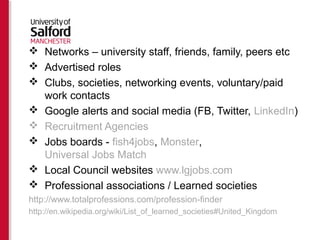  Networks – university staff, friends, family, peers etc 
 Advertised roles 
 Clubs, societies, networking events, voluntary/paid 
work contacts 
 Google alerts and social media (FB, Twitter, LinkedIn) 
 Recruitment Agencies 
 Jobs boards - fish4jobs, Monster, 
Universal Jobs Match 
 Local Council websites www.lgjobs.com 
 Professional associations / Learned societies 
http://www.totalprofessions.com/profession-finder 
http://en.wikipedia.org/wiki/List_of_learned_societies#United_Kingdom 
 