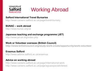 Working Abroad 
Salford International Travel Bursaries 
http://www.careers.salford.ac.uk/page/travel-bursary 
BUNAC – work abroad 
http://www.bunac.org/uk 
Japanese teaching and exchange programme (JET) 
http://www.jet-uk.org/index.php 
Work or Volunteer overseas (British Council) 
http://www.britishcouncil.org/study-work-create/opportunity/work-volunteer 
Erasmus Salford 
http://www.advice.salford.ac.uk/erasmus 
Advice on working abroad 
http://www.careers.salford.ac.uk/page/international-work 
http://www.careers.salford.ac.uk/page/agcasspecialinterest 
 