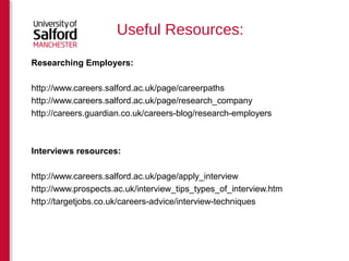 Useful Resources: 
Researching Employers: 
http://www.careers.salford.ac.uk/page/careerpaths 
http://www.careers.salford.ac.uk/page/research_company 
http://careers.theguardian.com/careers-blog/researching-an-employer 
Interviews resources: 
http://www.careers.salford.ac.uk/page/apply_interview 
http://www.careers.salford.ac.uk/page/videosinterview 
http://www.careers.salford.ac.uk/page/films 
