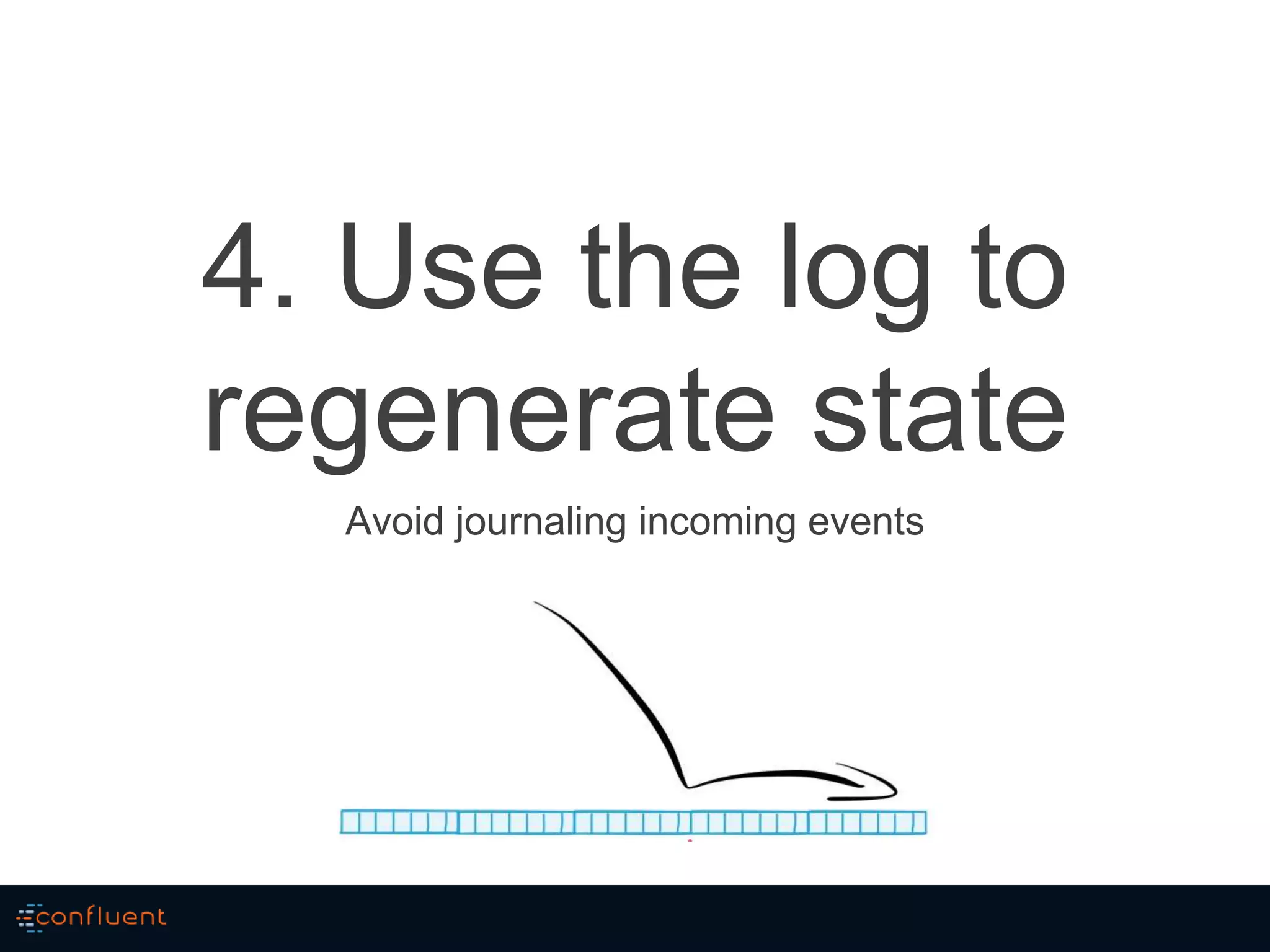 4. Use the log to
regenerate state
Avoid journaling incoming events
 