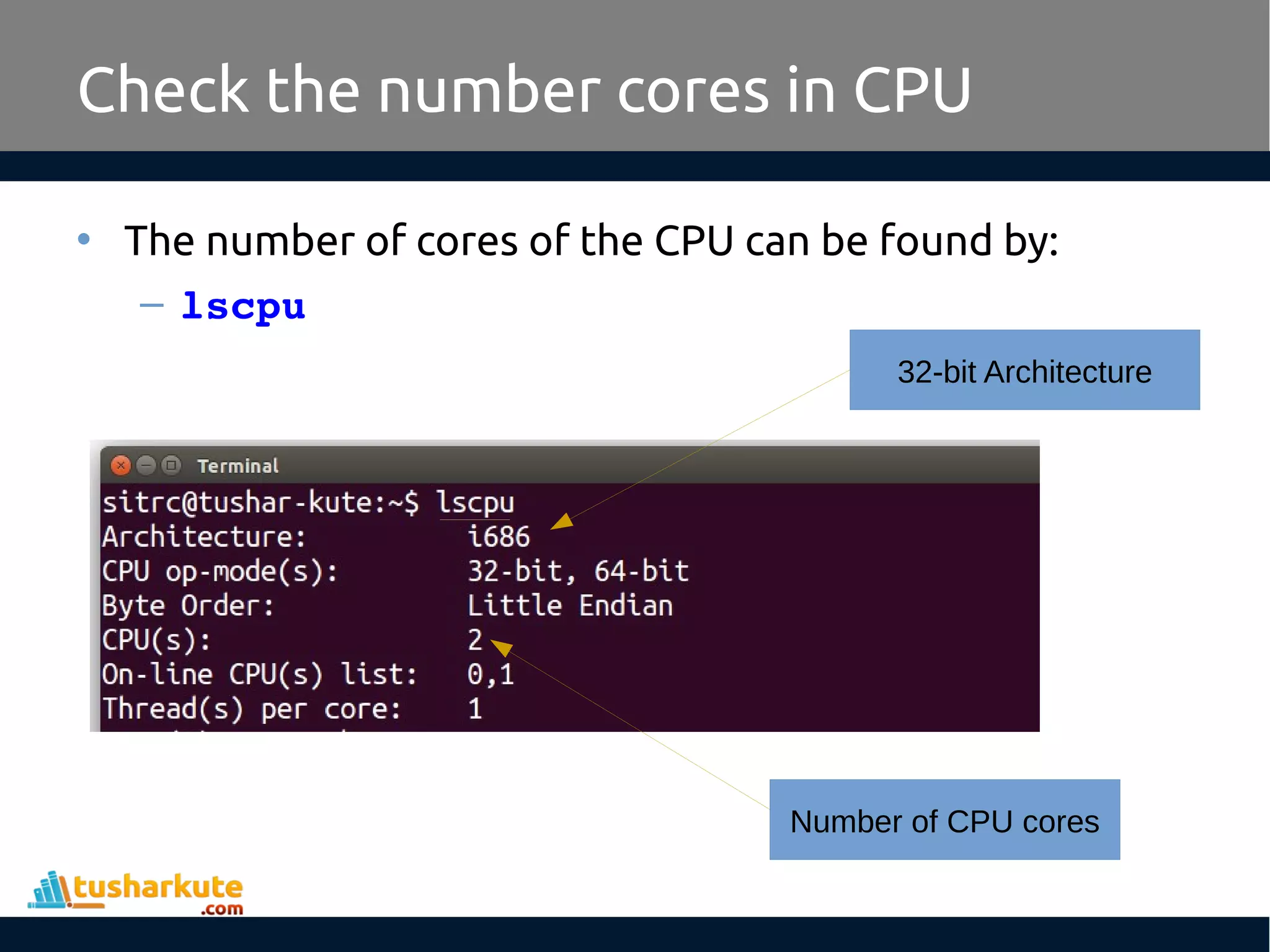 • The number of cores of the CPU can be found by:
– lscpu
Check the number cores in CPU
Number of CPU cores
32-bit Architecture
 