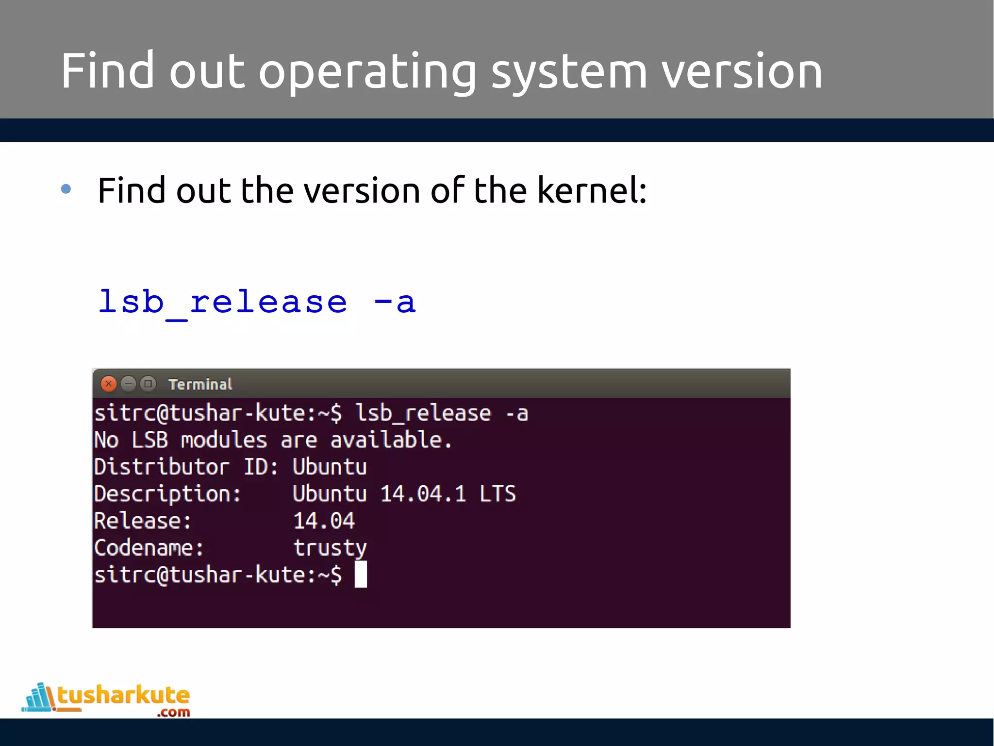Find out operating system version
• Find out the version of the kernel:
lsb_release -a
 