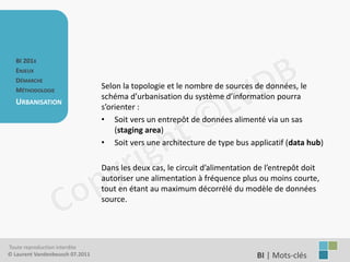 BI 201X
   ENJEUX
   DÉMARCHE
   MÉTHODOLOGIE
                                 Selon la topologie et le nombre de sources de données, le
                                 schéma d’urbanisation du système d’information pourra
   URBANISATION
                                 s’orienter :
                                 • Soit vers un entrepôt de données alimenté via un sas
                                     (staging area)
                                 • Soit vers une architecture de type bus applicatif (data hub)

                                 Dans les deux cas, le circuit d’alimentation de l’entrepôt doit
                                 autoriser une alimentation à fréquence plus ou moins courte,
                                 tout en étant au maximum décorrélé du modèle de données
                                 source.




Toute reproduction interdite
© Laurent Vandenbeusch 07.2011                                               BI | Mots-clés……………….
 