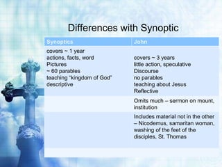 Differences with Synoptic
Synoptics                   John
covers ~ 1 year
actions, facts, word        covers ~ 3 years
Pi...