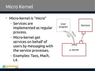 Micro Kernel
• Micro-kernel is “micro”
– Services are
implemented as regular
process.
– Micro-kernel get
services on behal...