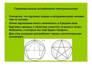 Геометрические исследования пятиугольников
• Считается, что картинка справа и витрувиансккий человек
чем-то похожи.
• Этими картинками много занимались в Средние века.
• Картинки связаны с понятием золотого сечения и чисел
Фибоначи, о которых мы ещё будем говорить.
• Для этих рисунков употребляют термин пентагональная
симметрия.
 