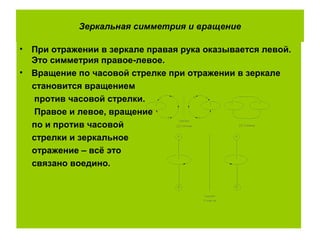Зеркальная симметрия и вращение
• При отражении в зеркале правая рука оказывается левой.
Это симметрия правое-левое.
• Вращение по часовой стрелке при отражении в зеркале
становится вращением
против часовой стрелки.
Правое и левое, вращение
по и против часовой
стрелки и зеркальное
отражение – всё это
связано воедино.
 