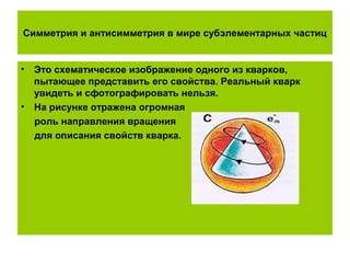 Симметрия и антисимметрия в мире субэлементарных частиц
• Это схематическое изображение одного из кварков,
пытающее представить его свойства. Реальный кварк
увидеть и сфотографировать нельзя.
• На рисунке отражена огромная
роль направления вращения
для описания свойств кварка.
 