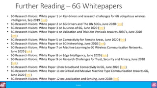 Further Reading – 6G Whitepapers
©3G4G
• 6G Research Visions: White paper 1 on Key drivers and research challenges for 6G ubiquitous wireless
intelligence, Sep 2019 (link)
• 6G Research Visions: White paper 2 on 6G Drivers and The UN SDGs, June 2020 (link)
• 6G Research Visions: White Paper 3 on Business of 6G, June 2020 (link)
• 6G Research Visions: White Paper 4 on Validation and Trials for Verticals towards 2030’s, June 2020
(link)
• 6G Research Visions: White Paper 5 on Connectivity for Remote Areas, June 2020 (link)
• 6G Research Visions: White Paper 6 on 6G Networking, June 2020 (link)
• 6G Research Visions: White Paper 7 on Machine Learning in 6G Wireless Communication Networks,
June 2020 (link)
• 6G Research Visions: White Paper 8 on Edge Intelligence, June 2020 (link)
• 6G Research Visions: White Paper 9 on Research Challenges for Trust, Security and Privacy, June 2020
(link)
• 6G Research Visions: White Paper 10 on Broadband Connectivity in 6G, June 2020 (link)
• 6G Research Visions: White Paper 11 on Critical and Massive Machine Type Communication towards 6G,
June 2020 (link)
• 6G Research Visions: White Paper 12 on Localization and Sensing, June 2020 (link)
 