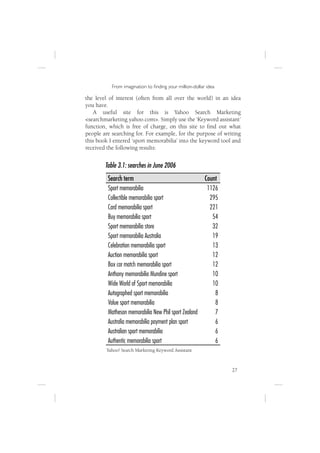 From imagination to ﬁnding your million-dollar idea

the level of interest (often from all over the world) in an idea
you have.
    A useful site for this is Yahoo Search Marketing
<searchmarketing.yahoo.com>. Simply use the ‘Keyword assistant’
function, which is free of charge, on this site to ﬁnd out what
people are searching for. For example, for the purpose of writing
this book I entered ‘sport memorabilia’ into the keyword tool and
received the following results:


        Table 3.1: searches in June 2006
         Search term                                     Count
         Sport memorabilia                                1126
         Collectible memorabilia sport                     295
         Card memorabilia sport                            221
         Buy memorabilia sport                              54
         Sport memorabilia store                            32
         Sport memorabilia Australia                        19
         Celebration memorabilia sport                      13
         Auction memorabilia sport                          12
         Box car match memorabilia sport                    12
         Anthony memorabilia Mundine sport                  10
         Wide World of Sport memorabilia                    10
         Autographed sport memorabilia                       8
         Value sport memorabilia                             8
         Matheson memorabilia New Phil sport Zealand         7
         Australia memorabilia payment plan sport            6
         Australian sport memorabilia                        6
         Authentic memorabilia sport                         6
        Yahoo! Search Marketing Keyword Assistant



                                                                 27
 