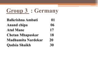 Group 3 : Germany
Balkrishna Ambati     01
Anand chipa           06
Atul Mane            17
Chetan Mhapuskar     18
Madhumita Nardekar   20
Qudsia Shaikh        30
 