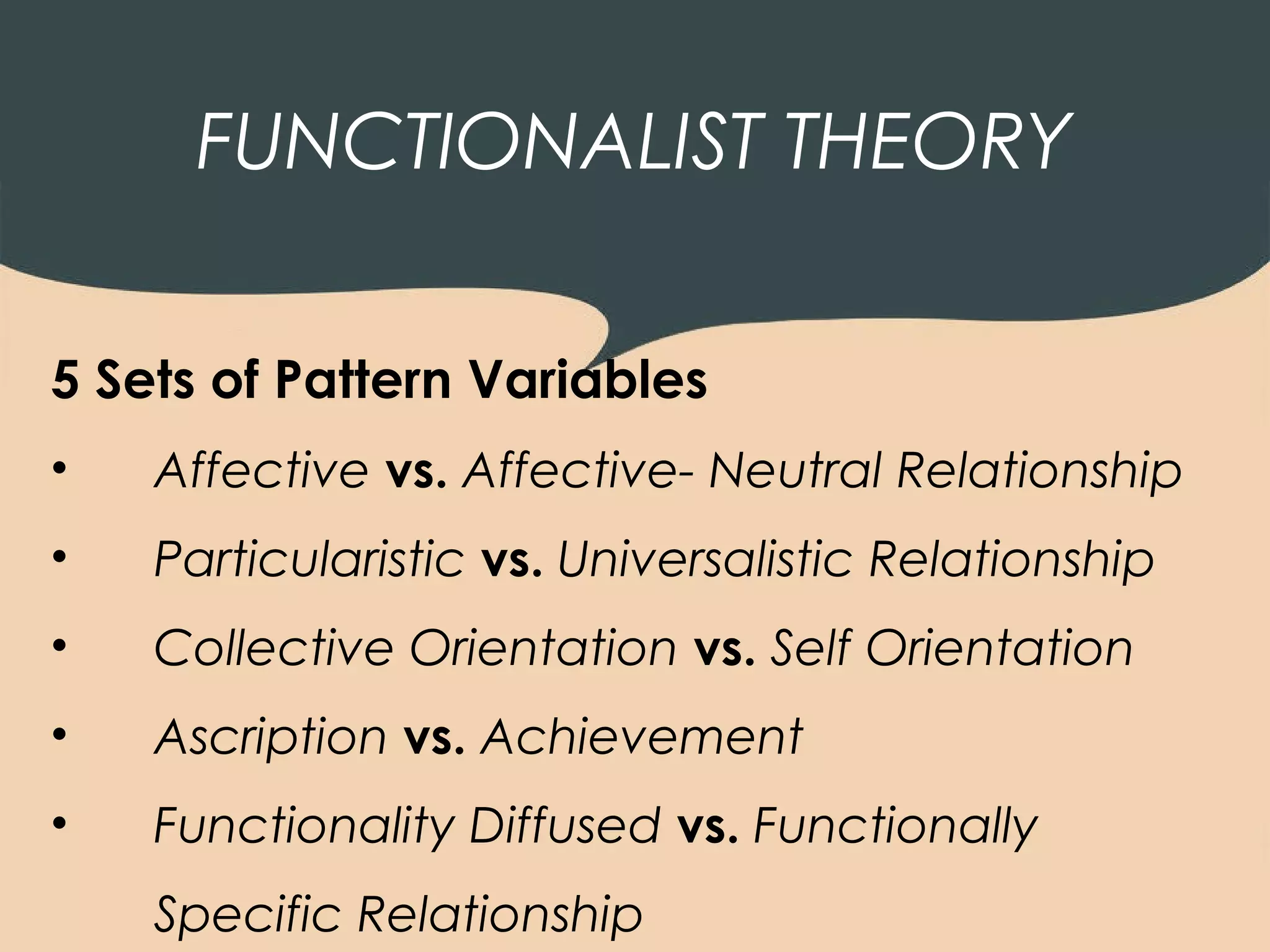 FUNCTIONALIST THEORY

5 Sets of Pattern Variables
•   Affective vs. Affective- Neutral Relationship
•   Particularistic vs. Universalistic Relationship
•   Collective Orientation vs. Self Orientation
•   Ascription vs. Achievement
•   Functionality Diffused vs. Functionally
    Specific Relationship
 