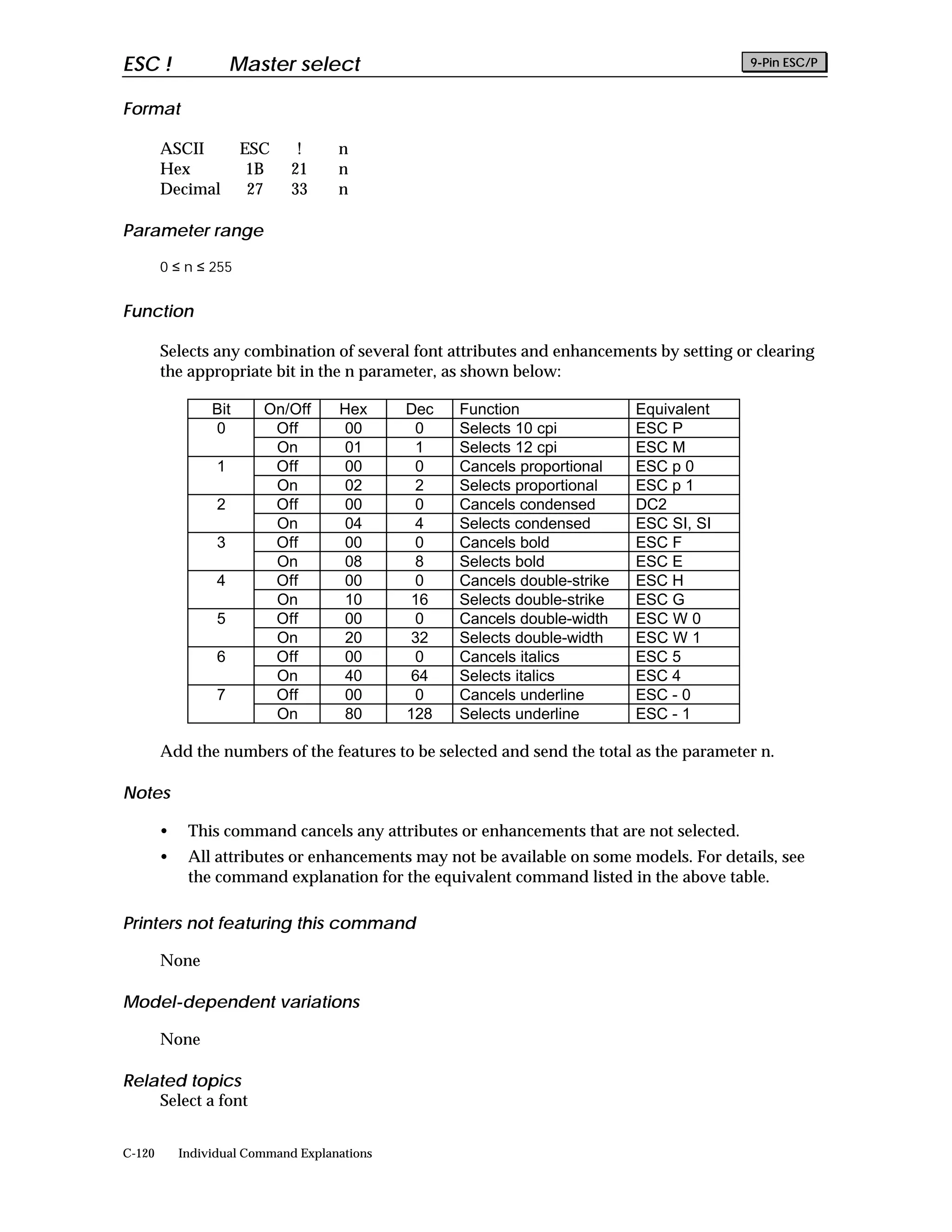 ESC !                 Master select                                                       9-Pin ESC/P


Format

        ASCII          ESC     !     n
        Hex             1B    21     n
        Decimal         27    33     n

Parameter range

        0 ≤ n ≤ 255


Function

        Selects any combination of several font attributes and enhancements by setting or clearing
        the appropriate bit in the n parameter, as shown below:

                 Bit     On/Off      Hex      Dec   Function                Equivalent
                 0        Off        00        0    Selects 10 cpi          ESC P
                          On         01        1    Selects 12 cpi          ESC M
                  1       Off        00        0    Cancels proportional    ESC p 0
                          On         02        2    Selects proportional    ESC p 1
                  2       Off        00        0    Cancels condensed       DC2
                          On         04        4    Selects condensed       ESC SI, SI
                  3       Off        00        0    Cancels bold            ESC F
                          On         08        8    Selects bold            ESC E
                  4       Off        00        0    Cancels double-strike   ESC H
                          On         10        16   Selects double-strike   ESC G
                  5       Off        00        0    Cancels double-width    ESC W 0
                          On         20        32   Selects double-width    ESC W 1
                  6       Off        00        0    Cancels italics         ESC 5
                          On         40        64   Selects italics         ESC 4
                  7       Off        00        0    Cancels underline       ESC - 0
                          On         80       128   Selects underline       ESC - 1

        Add the numbers of the features to be selected and send the total as the parameter n.

Notes

        •    This command cancels any attributes or enhancements that are not selected.
        •    All attributes or enhancements may not be available on some models. For details, see
             the command explanation for the equivalent command listed in the above table.

Printers not featuring this command

        None

Model-dependent variations

        None

Related topics
    Select a font


C-120       Individual Command Explanations
 