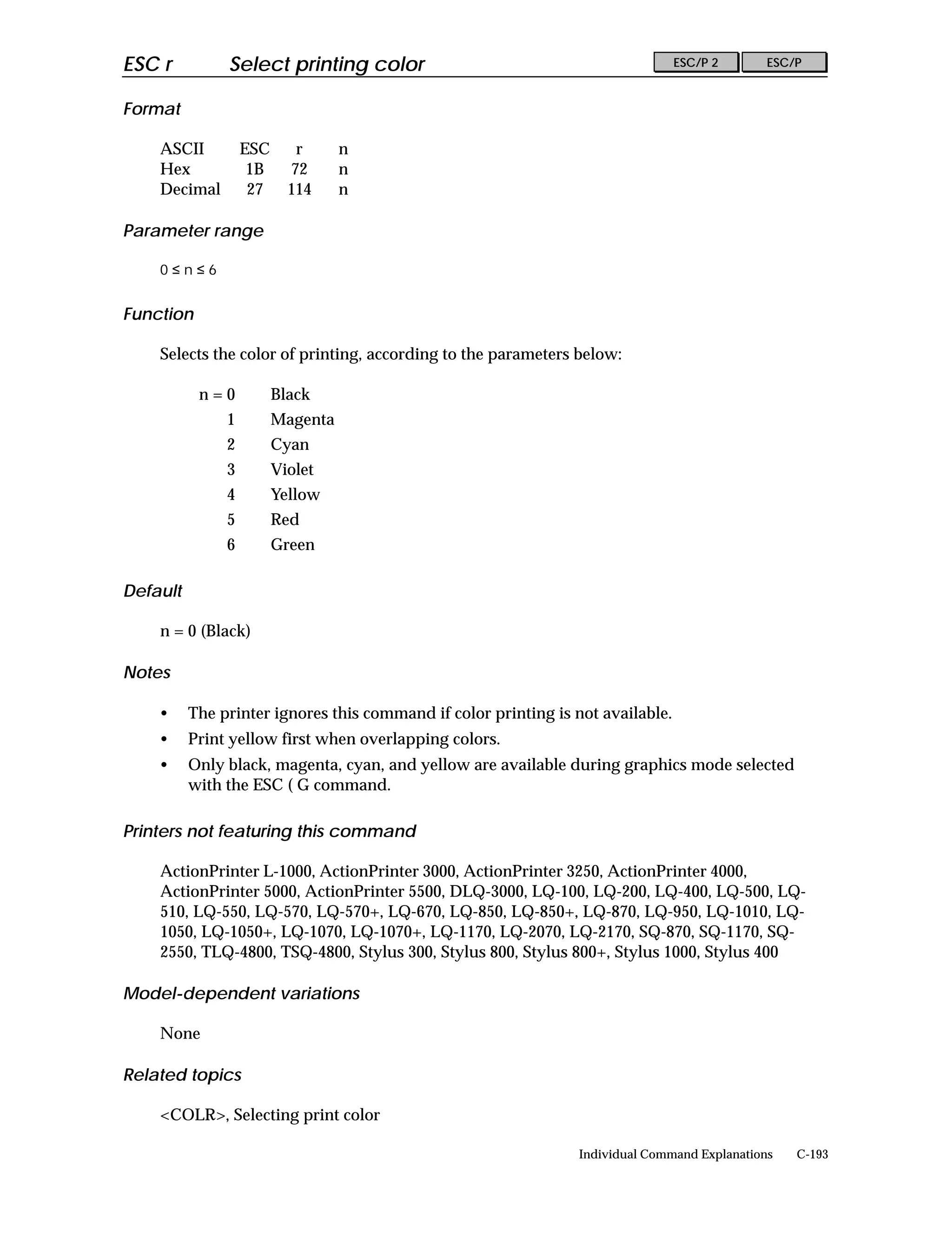 ESC r          Select printing color                                             ESC/P 2      ESC/P


Format

    ASCII          ESC      r      n
    Hex             1B     72      n
    Decimal         27     114     n

Parameter range

    0≤n≤6


Function

    Selects the color of printing, according to the parameters below:

           n=0           Black
               1         Magenta
               2         Cyan
               3         Violet
               4         Yellow
               5         Red
               6         Green

Default

    n = 0 (Black)

Notes

    •     The printer ignores this command if color printing is not available.
    •     Print yellow first when overlapping colors.
    •     Only black, magenta, cyan, and yellow are available during graphics mode selected
          with the ESC ( G command.

Printers not featuring this command

    ActionPrinter L-1000, ActionPrinter 3000, ActionPrinter 3250, ActionPrinter 4000,
    ActionPrinter 5000, ActionPrinter 5500, DLQ-3000, LQ-100, LQ-200, LQ-400, LQ-500, LQ-
    510, LQ-550, LQ-570, LQ-570+, LQ-670, LQ-850, LQ-850+, LQ-870, LQ-950, LQ-1010, LQ-
    1050, LQ-1050+, LQ-1070, LQ-1070+, LQ-1170, LQ-2070, LQ-2170, SQ-870, SQ-1170, SQ-
    2550, TLQ-4800, TSQ-4800, Stylus 300, Stylus 800, Stylus 800+, Stylus 1000, Stylus 400

Model-dependent variations

    None

Related topics

    <COLR>, Selecting print color

                                                                Individual Command Explanations   C-193
 
