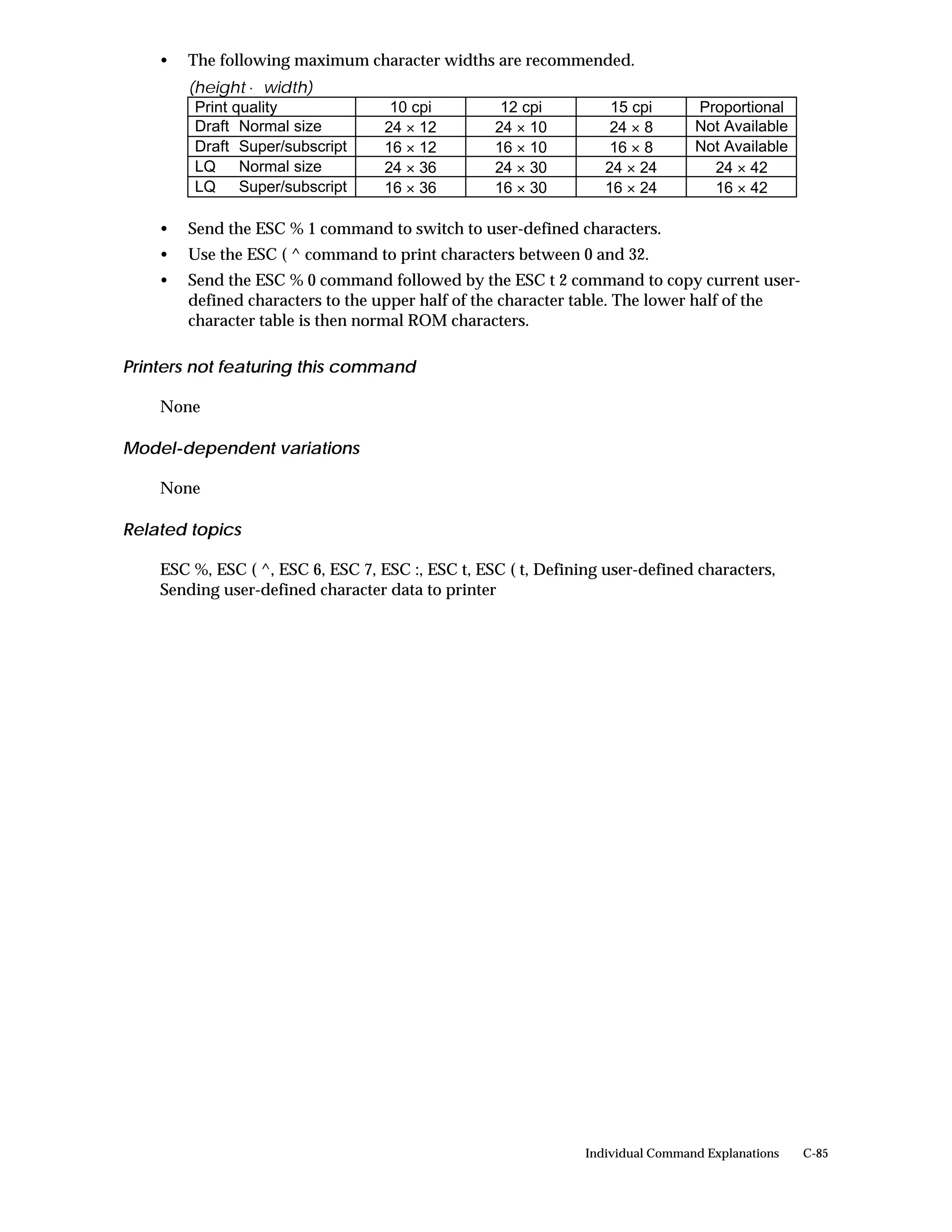 •   The following maximum character widths are recommended.
        (height × width)
         Print quality              10 cpi         12 cpi          15 cpi       Proportional
         Draft Normal size         24 × 12        24 × 10          24 × 8       Not Available
         Draft Super/subscript     16 × 12        16 × 10          16 × 8       Not Available
         LQ Normal size            24 × 36        24 × 30         24 × 24         24 × 42
         LQ Super/subscript        16 × 36        16 × 30         16 × 24         16 × 42

    •   Send the ESC % 1 command to switch to user-defined characters.
    •   Use the ESC ( ^ command to print characters between 0 and 32.
    •   Send the ESC % 0 command followed by the ESC t 2 command to copy current user-
        defined characters to the upper half of the character table. The lower half of the
        character table is then normal ROM characters.

Printers not featuring this command

    None

Model-dependent variations

    None

Related topics

    ESC %, ESC ( ^, ESC 6, ESC 7, ESC :, ESC t, ESC ( t, Defining user-defined characters,
    Sending user-defined character data to printer




                                                               Individual Command Explanations   C-85
 