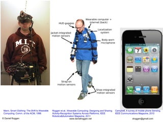 © Daniel Roggen www.danielroggen.net droggen@gmail.com
Mann, Smart Clothing: The Shift to Wearable
Computing, Comm. of the ACM, 1996
Roggen et al., Wearable Computing: Designing and Sharing
Activity-Recognition Systems Across Platforms, IEEE
Robotics&Automation Magazine, 2011
Campbell, A survey of mobile phone Sensing,
IEEE Communications Magazine, 2010
 