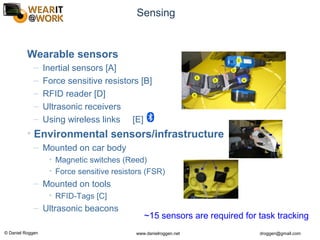 © Daniel Roggen www.danielroggen.net droggen@gmail.com
Sensing
Wearable sensors
– Inertial sensors [A]
– Force sensitive resistors [B]
– RFID reader [D]
– Ultrasonic receivers
– Using wireless links [E]
• Environmental sensors/infrastructure
– Mounted on car body
• Magnetic switches (Reed)
• Force sensitive resistors (FSR)
– Mounted on tools
• RFID-Tags [C]
– Ultrasonic beacons
~15 sensors are required for task tracking
 