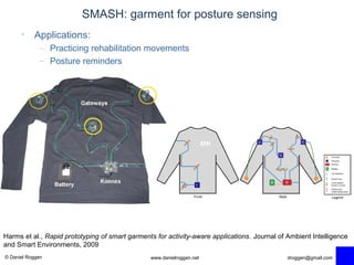 © Daniel Roggen www.danielroggen.net droggen@gmail.com
SMASH: garment for posture sensing
• Applications:
– Practicing rehabilitation movements
– Posture reminders
Harms et al., Rapid prototyping of smart garments for activity-aware applications. Journal of Ambient Intelligence
and Smart Environments, 2009
 