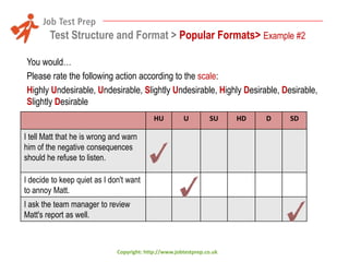 Test Structure and Format > Popular Formats> Example #2
You would…
Please rate the following action according to the scale:
Highly Undesirable, Undesirable, Slightly Undesirable, Highly Desirable, Desirable,
Slightly Desirable
HU

U

SU

I tell Matt that he is wrong and warn
him of the negative consequences
should he refuse to listen.
I decide to keep quiet as I don't want
to annoy Matt.
I ask the team manager to review
Matt's report as well.

Copyright: http://www.jobtestprep.co.uk

HD

D

SD

 