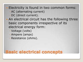 Basic electrical concepts
 Electricity is found in two common forms:
◦ AC (alternating current)
◦ DC (direct current).
 An electrical circuit has the following three
basic components irrespective of its
electrical energy form:
◦ Voltage (volts)
◦ Ampere (amps)
◦ Resistance (ohms).
 