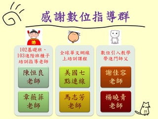 25 
102基礎班、 
103進階班種子 
培訓指導老師 
陳恒良 
老師 
章薇菲 
老師 
全球華文網線 
上培訓課程 
美國七 
點連線 
馬志芳 
老師 
數位引入教學 
帶進門師父 
謝佳容 
老師 
楊曉青 
老師 
 