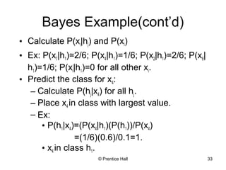 Bayes Example(cont’d) 
• Calculate P(xi|hj) and P(xi) 
• Ex: P(x7|h1)=2/6; P(x4|h1)=1/6; P(x2|h1)=2/6; P(x8| 
h1)=1/6; P(xi|h1)=0 for all other xi. 
• Predict the class for x4: 
– Calculate P(hj|x4) for all hj. 
– Place x4 in class with largest value. 
– Ex: 
• P(h1|x4)=(P(x4|h1)(P(h1))/P(x4) 
=(1/6)(0.6)/0.1=1. 
© Prentice Hall 33 
• x4 in class h1. 
 