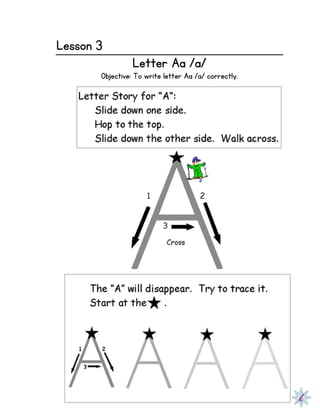 Lesson 3
Letter Aa /a/
Objective: To write letter Aa /a/ correctly.
 