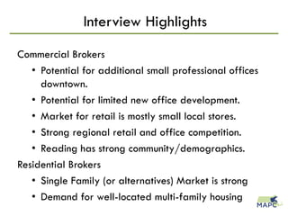 Interview Highlights
Commercial Brokers
• Potential for additional small professional offices
downtown.
• Potential for limited new office development.
• Market for retail is mostly small local stores.
• Strong regional retail and office competition.
• Reading has strong community/demographics.
Residential Brokers
• Single Family (or alternatives) Market is strong
• Demand for well-located multi-family housing
 